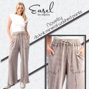 EASEL “Novelty” Mineral Washed Stretchy Rib-Knit Pants Raw Frayed Edges Pockets